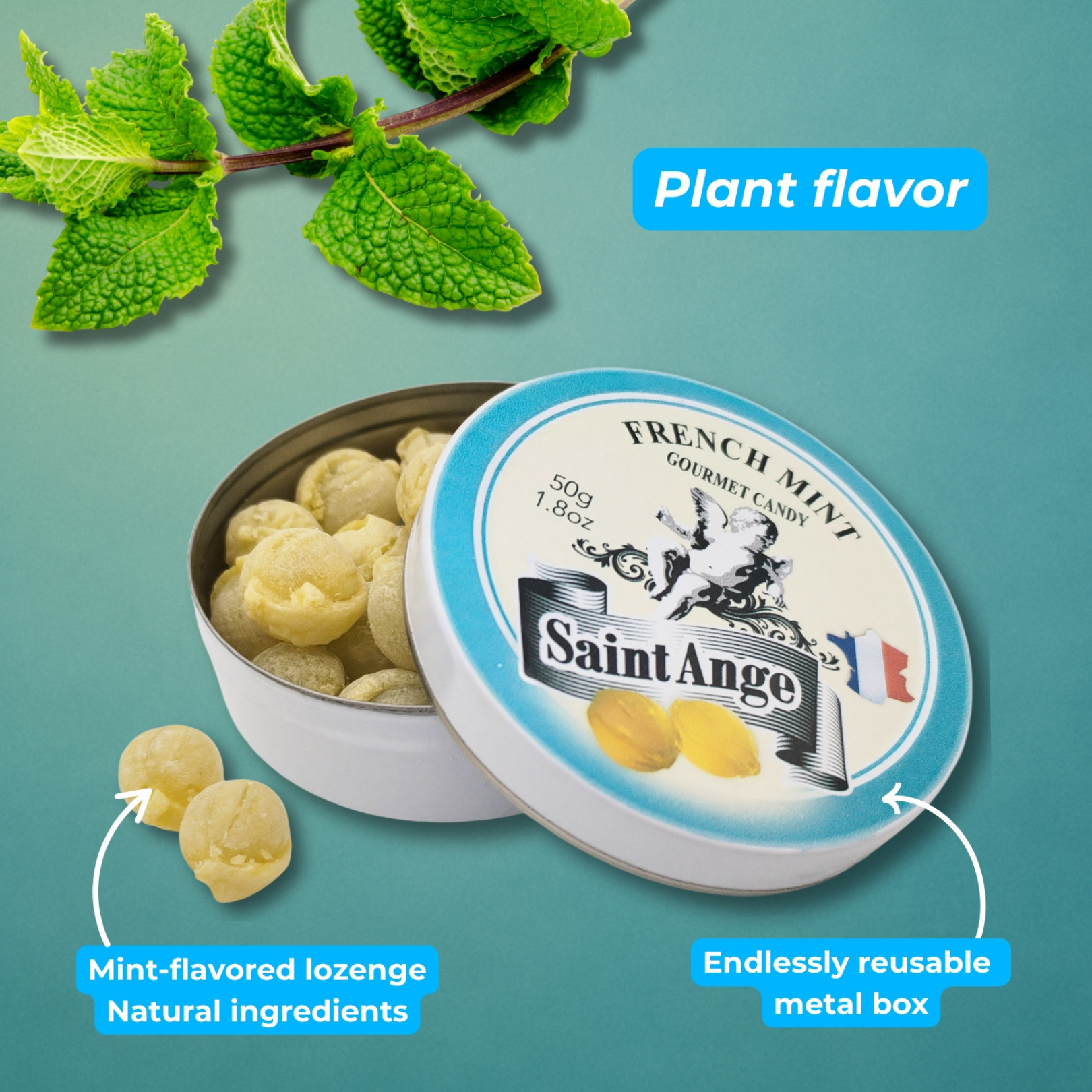 Bonbon USA France - Wholesale Hard Candy - Saint Ange Fresh Mint - French Gourmet Natural Candy Tin4