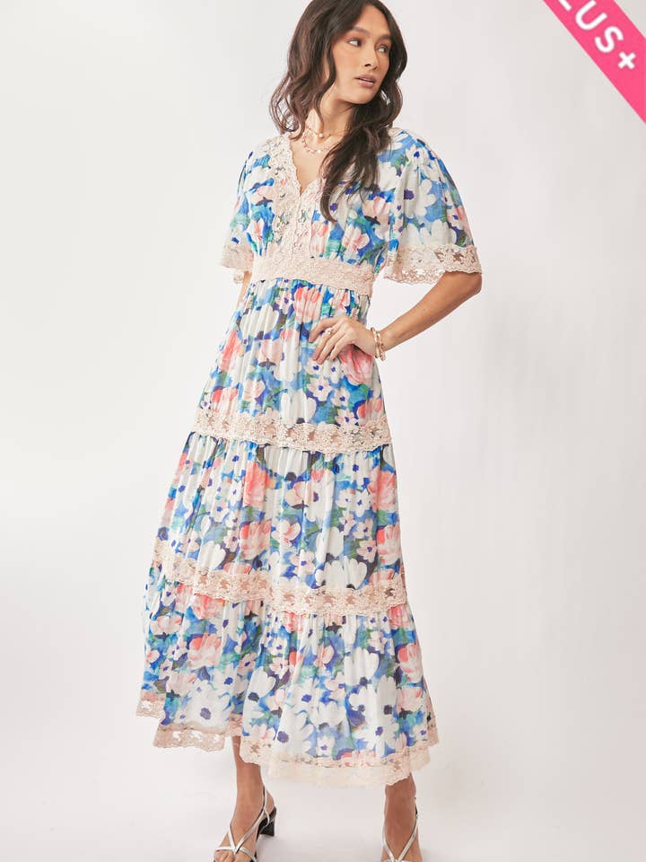 PLUS VANDMALERI BLOMSTRET MAXIKJOLE MED LYNÅS for engroshandel hos Davi & Dani