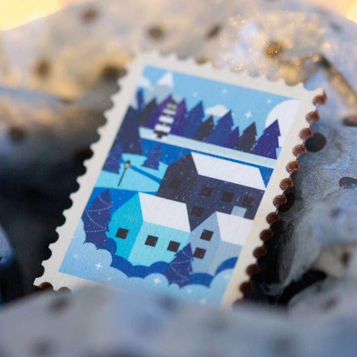 Winter Scandi village scene - festive wooden pin for wholesale by Hey There Munchquin