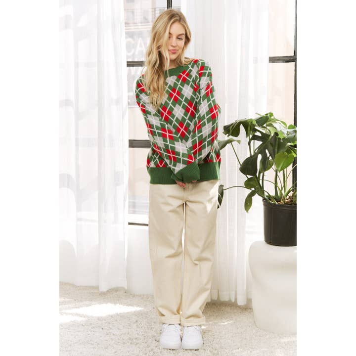 Sweet Generis - Wholesale Knit Sweater - Women's - HOLIDAY ARGYLE PATTERN DROP SHOULDER PULLOVER SWEATER17