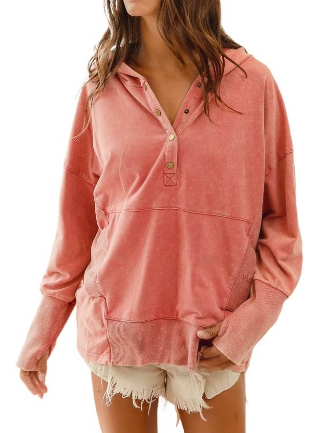 Thumb Hole Mineral Washed Half Hooded Pullover for wholesale by Vanilla Monkey