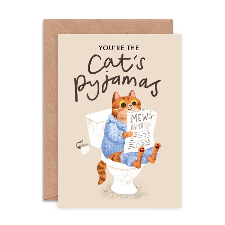 Cat's Pyjamas Greeting Cards- Funny Love & Friendship Card for wholesale by Emily Nash Illustration Greeting Cards