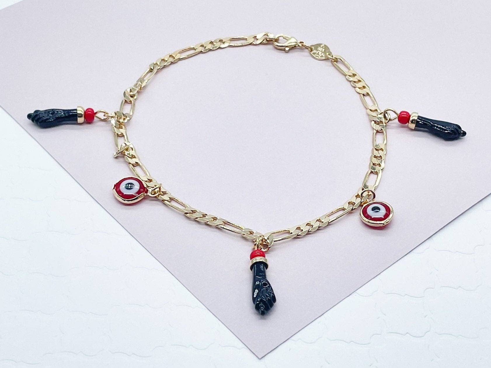 Milie - Wholesale Anklet - 18k GF Evil Eye & Figa Anklet - Figaro Chain0