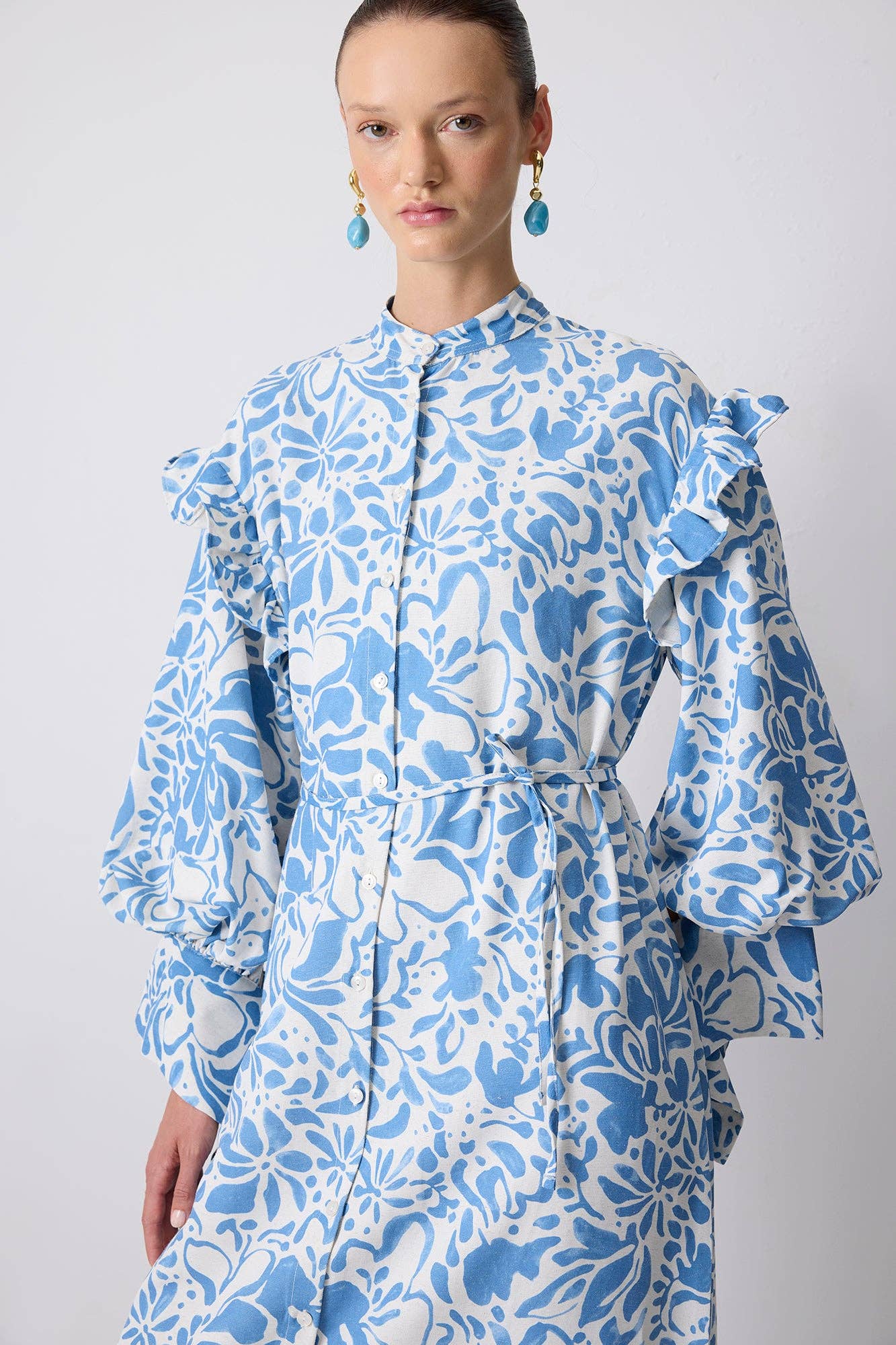 Blue  RUFFLE SLEEVE FLORAL POPLIN MAXI DRESS - LINEN BLEND for wholesale on Faire1