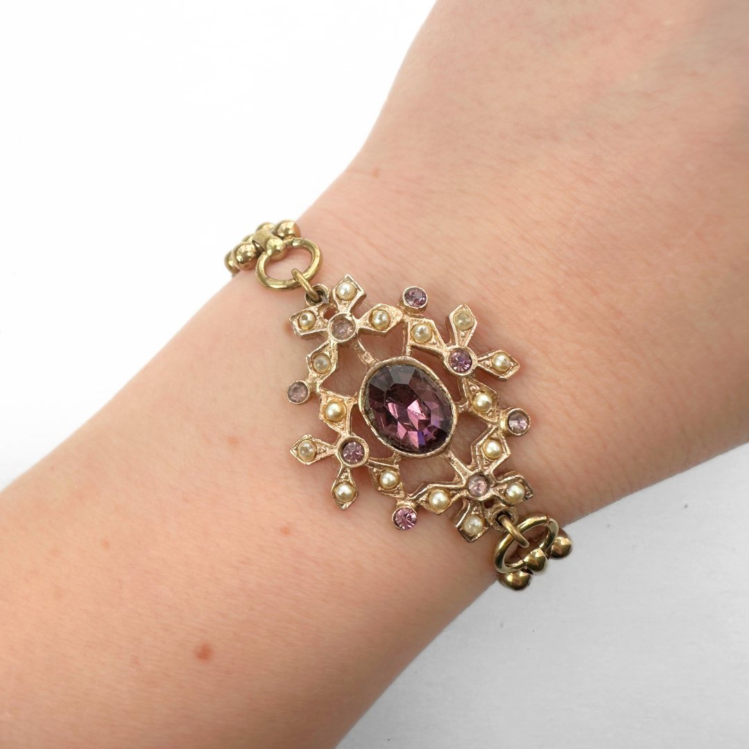 Lulu’s Petals - Wholesale Charm/Dangle Bracelet - Repurposed vintage purple rhinestone and pearl bracelet1