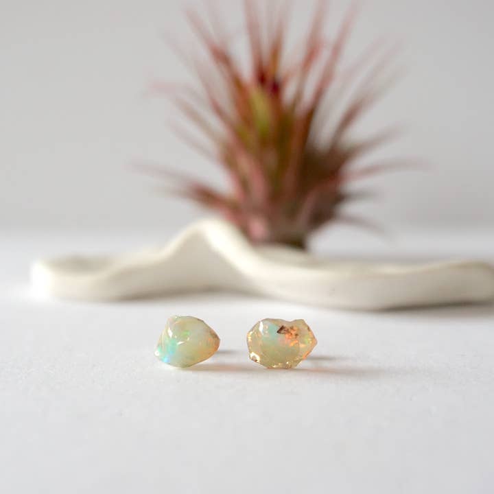 Raw Opal Earrings, Fire Opal Studs, Birthstone Zodiac Gifts for wholesale by Raw Stone Elegance