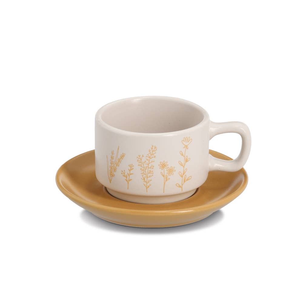 White Gray Ochre Yellow Espresso Set "Flowers", 8-Piece, Stoneware for wholesale on Faire3