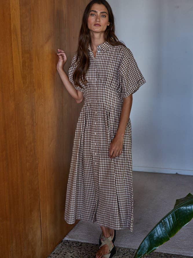 L9083 | Woven Cotton Gingham Print Button Down Flare Maxi for wholesale by By Together