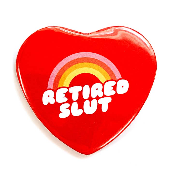 Retired Slut Heart Shaped Pinback Button for wholesale by Krystan Saint Cat
