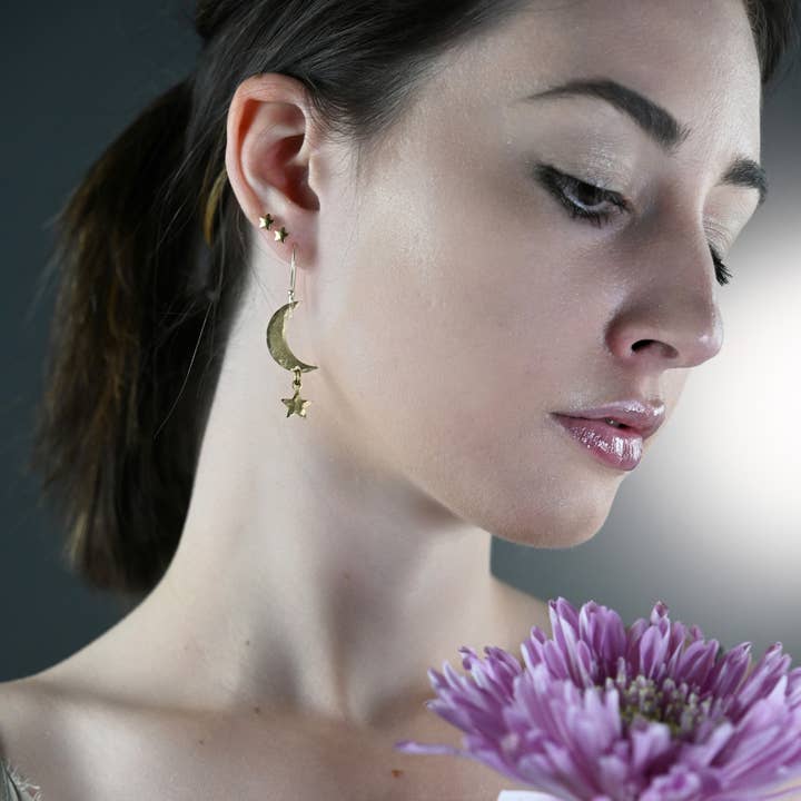 KBD Studio - Wholesale Dangle Earrings - Brass Hammered Moon & Stars