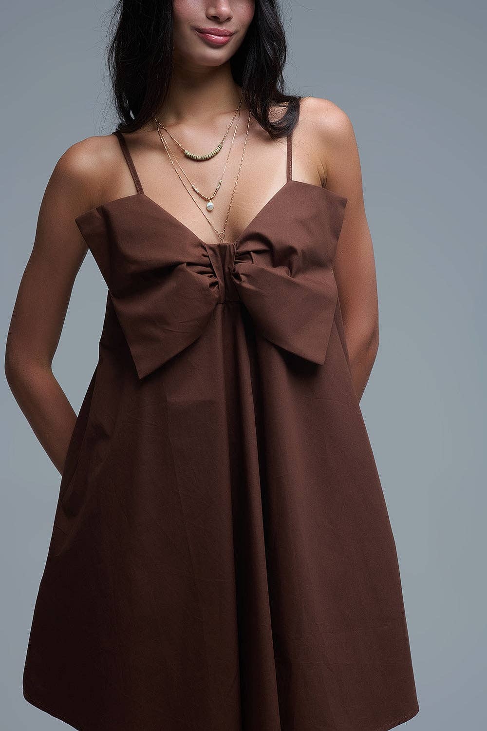 Brown poplin mini dress with a big bow detail for wholesale on Faire6