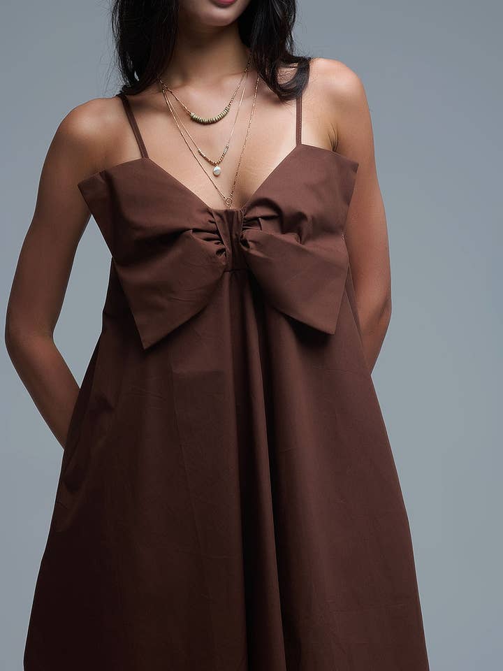 Brown poplin mini dress with a big bow detail for wholesale on Faire6