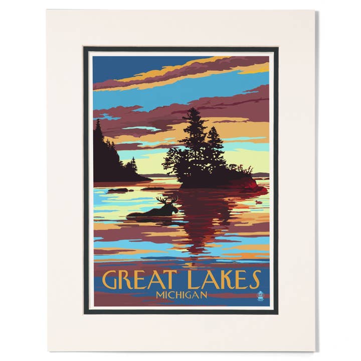 STAMPE OPACIZZATE Great Lakes, Michigan, Alce al tramonto per la vendita all'ingrosso da parte di Lantern Press