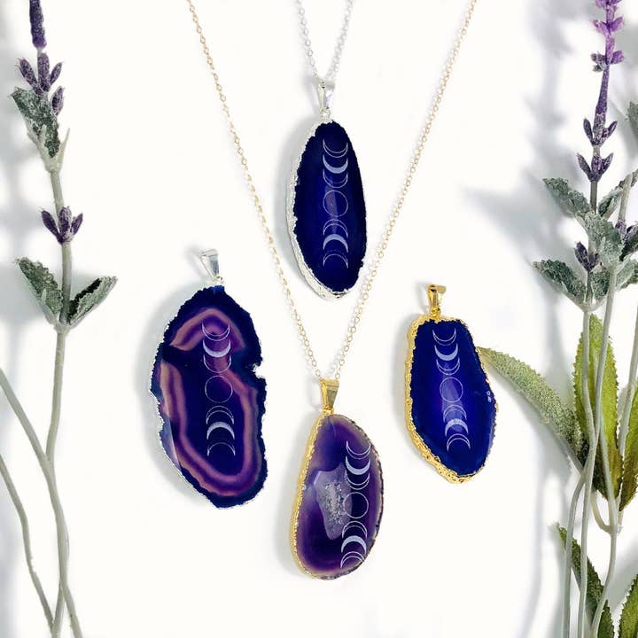 Jewelers Paradise - Wholesale Individual charm/pendant - Agate Slice Pendants with Moon Phases Electroplated Edges5