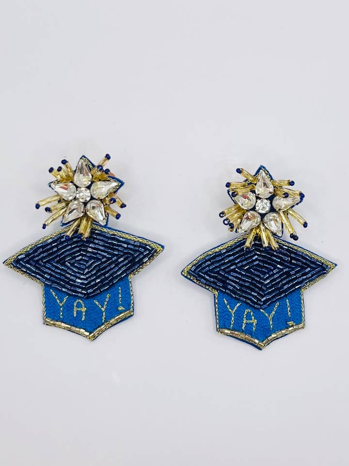 Graduation Cap Earrings Blue and Gold Beaded “Yay!” for wholesale by The Pearled Panther