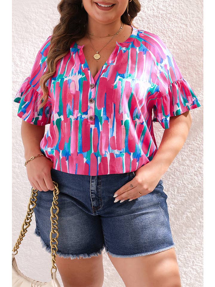 Rose Abstract Ruffle Sleeve Buttoned Blouse Plus Size for wholesale on Faire