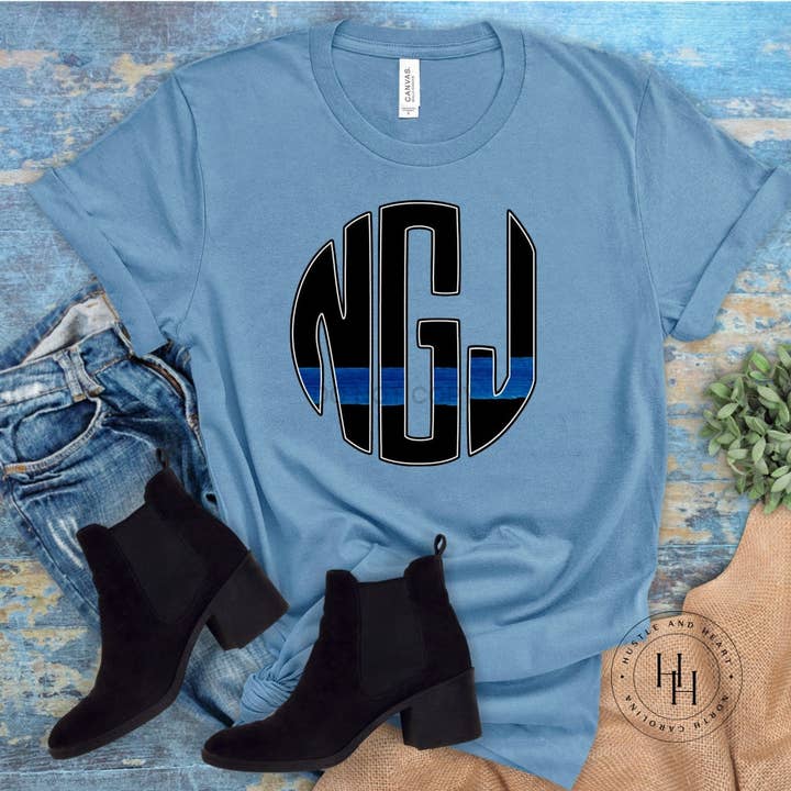Hustle and Heart NC - Wholesale DTG Tees - Venta al por mayor Camiseta estampada - Mujer - Camiseta con estampado de monograma de línea azul fina
