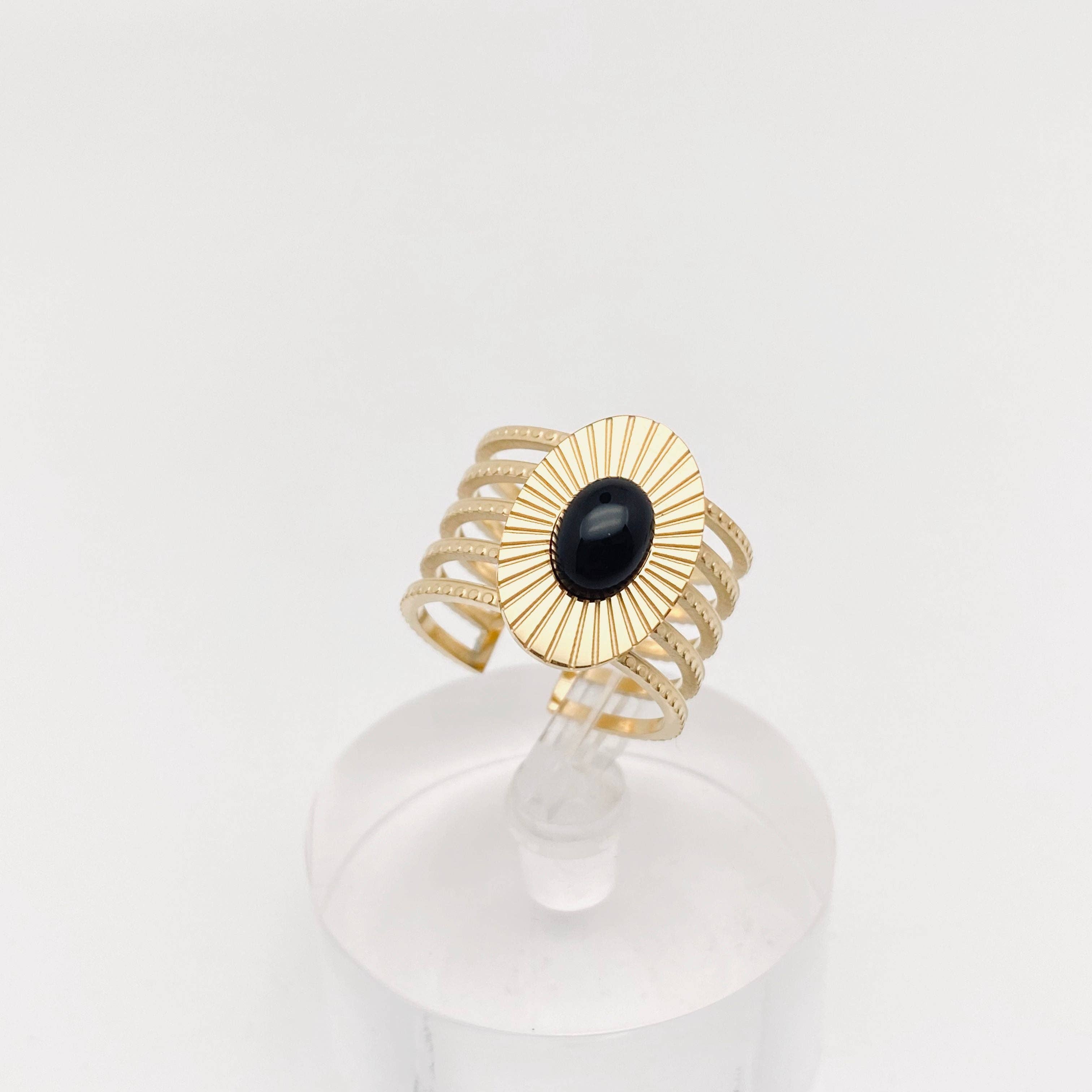 Mio Queena – Anel de cocktail/declaração por atacado – Anel Vintage Ajustável com Pedra Natural e Aço Inoxidável - FGS/CS1