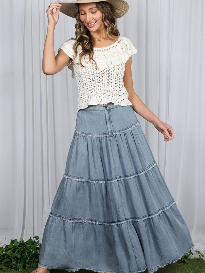 Tiered A-Line Fringe Hem Retro Chambray Maxi Skirt VS83030 for wholesale by Vine & Love