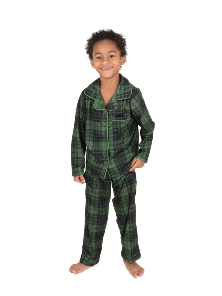 Leveret Pajamas – Großhandel Schlafanzug-Set – Kinder – Zweiteiliger Flanell-Pyjama für Kinder, schwarz-grün, kariert, Weihnachten