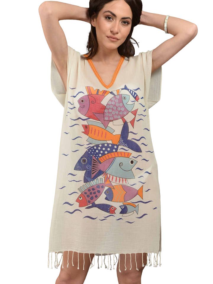 Robe de plage moderne à col en coton pour la vente par Dosimira