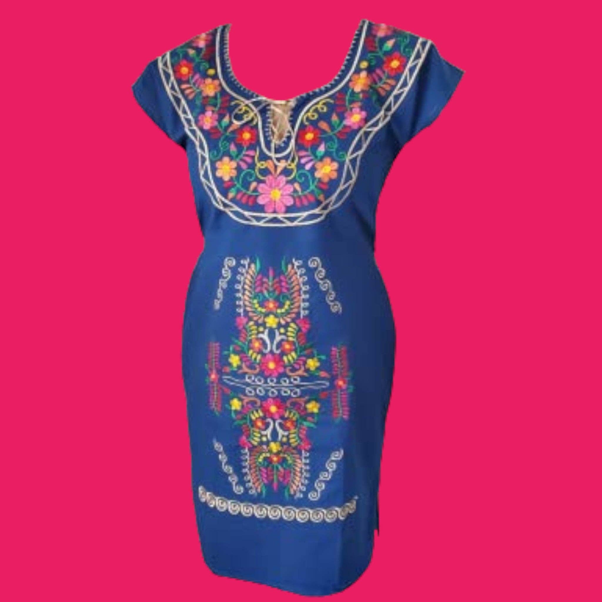 Puerta21 - Wholesale Dress - Women's - Mexican embroidered dresses | Kimono Traditional Mexican dresses | Authentic Mexican Dress | Floral Embroidered Dress Mexican Traditional Dress. Handmade Mexican Dress Mexican Bridesmaid Dress Artisanal Mexican attire, Ethnic Mexican dresses - Royal Blue0