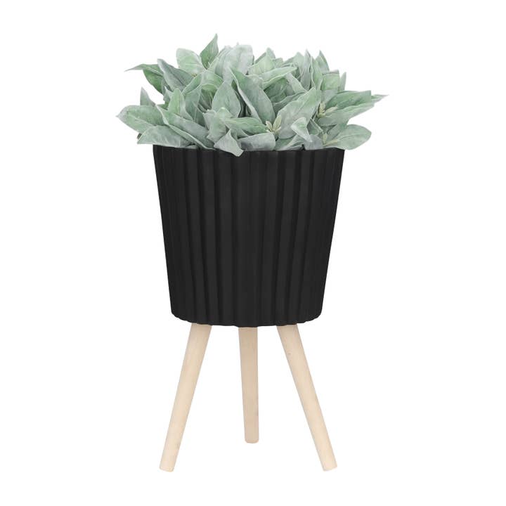 Sagebrook Home - Wholesale Plant Pot - Planters Set of 2 - Black Resin/Wood Legs Ridged, 10/12 in.5