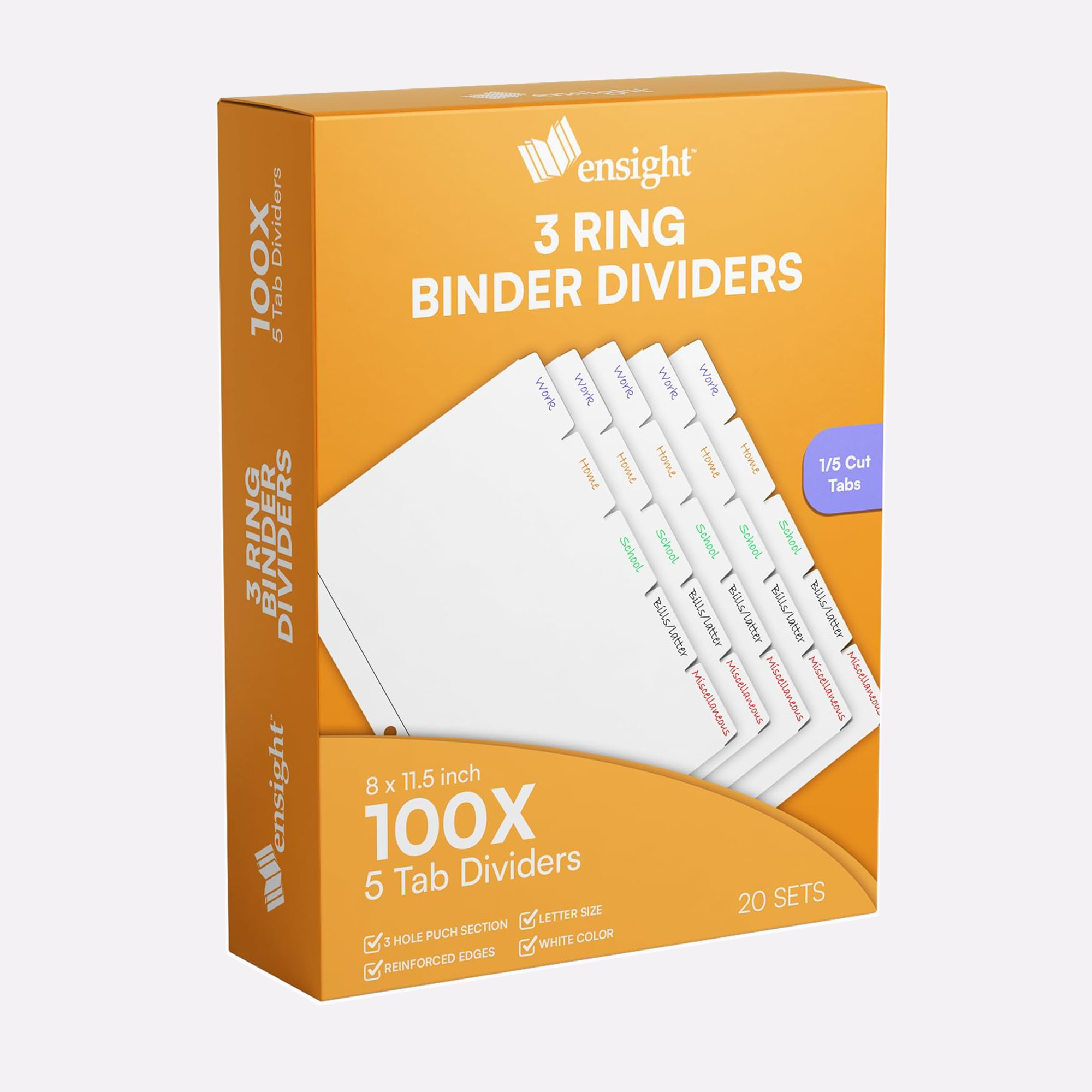 Ensight - Wholesale Binder - 3 Ring Page Dividers Bulk, 1/5 Cut Tab 100 Dividers0