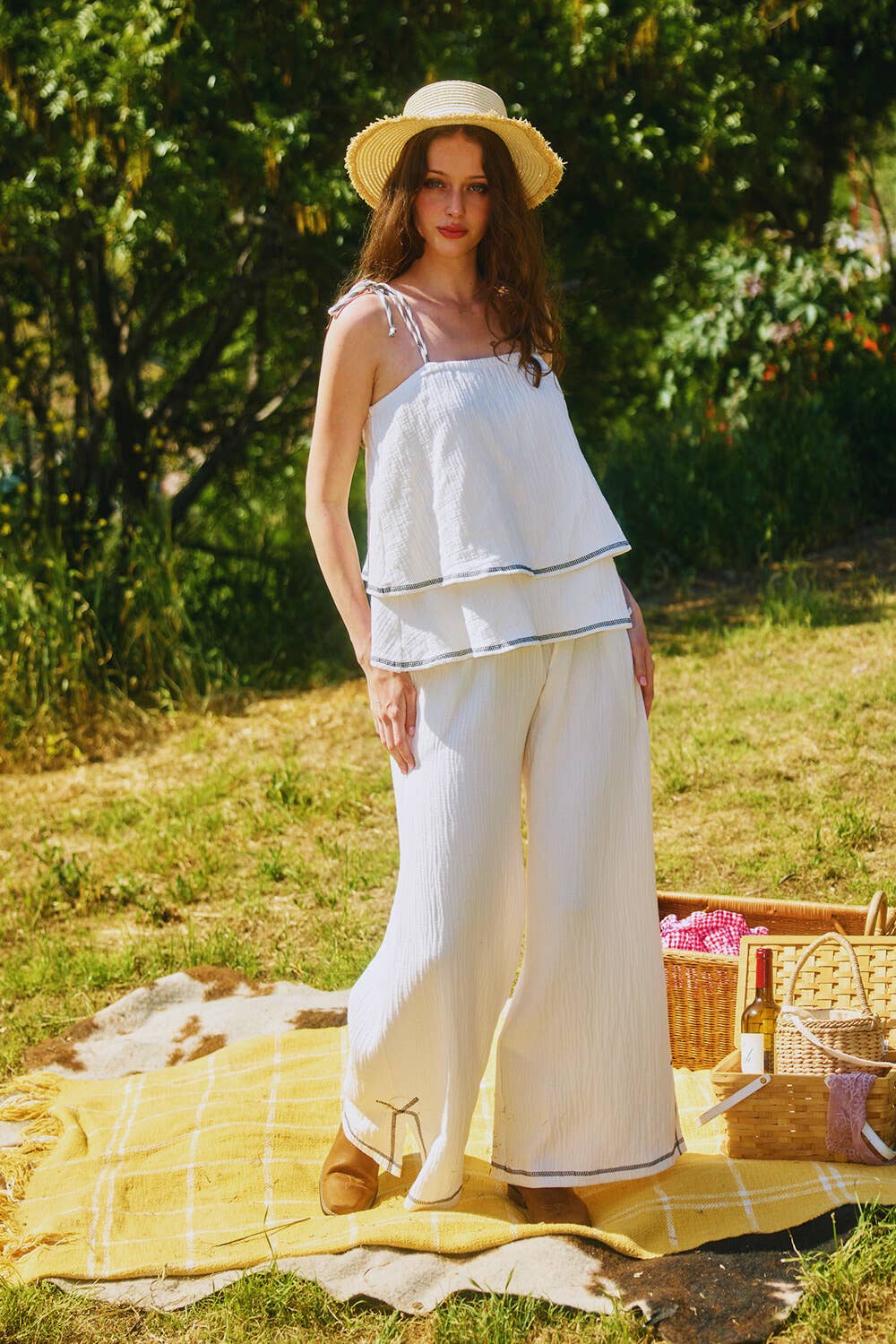 IVORY BLACK T2665  Shoulder Tie Cotton Gauze Tiered Top for wholesale on Faire2