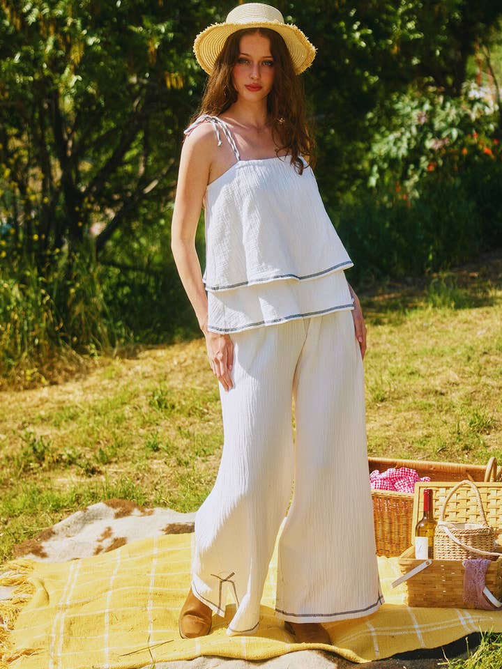 IVORY BLACK T2665 Shoulder Tie Cotton Gauze Tiered Top for wholesale on Faire2