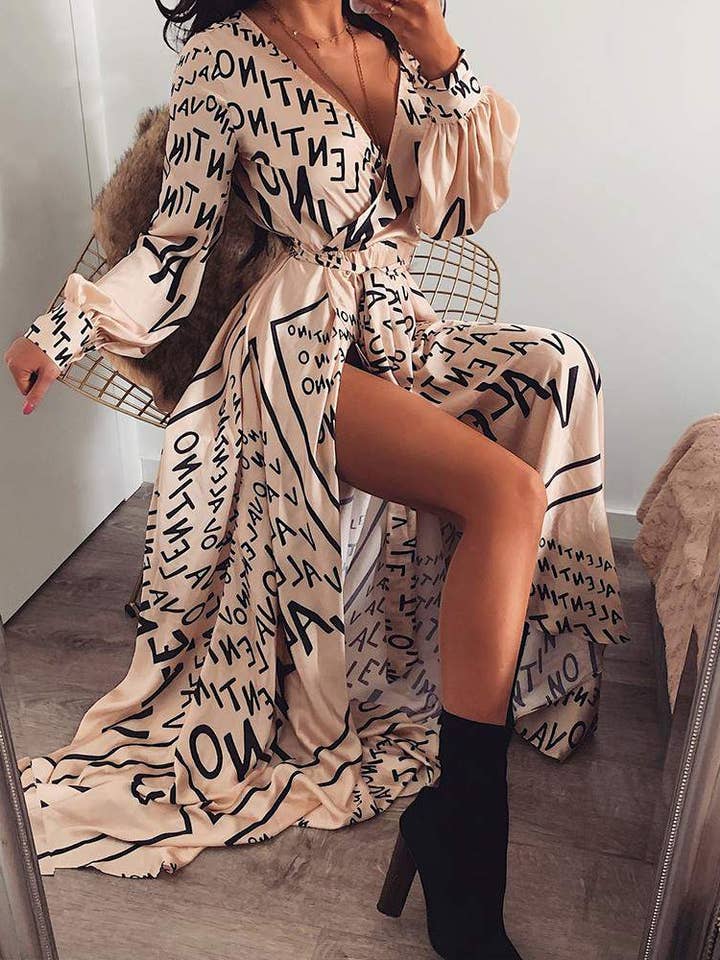 APRICOT letter print lantern sleeve high slit maxi dress for wholesale on Faire1