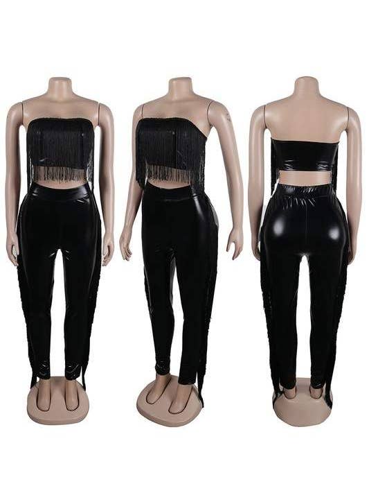 Fashion Combination - Wholesale Top & Skirt Set - Women's - fringes tube and faux leather tights set12