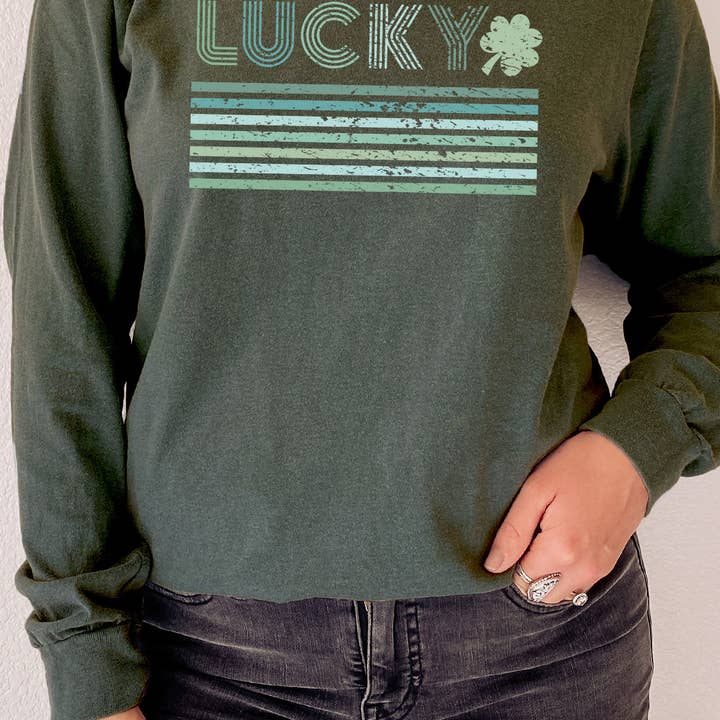 Retro Distress Lucky Shamrock Long Sleeve Tee for wholesale by Kissed Apparel