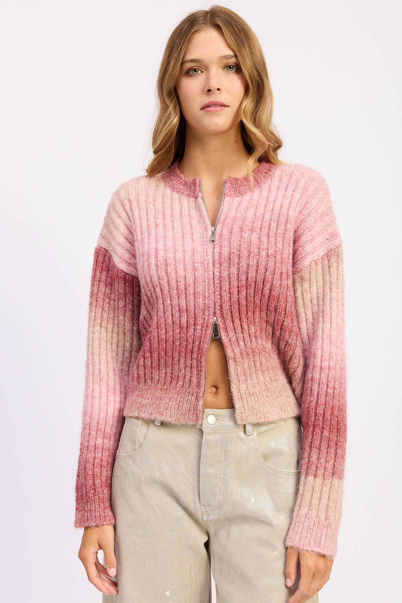 Rose CARDIGAN CÔTELÉ AVEC DOUBLE FERMETURE ÉCLAIR en vente sur Faire7