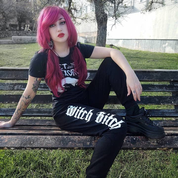 Black White Witch Bitch Fleece Sweatpants for wholesale on Faire
