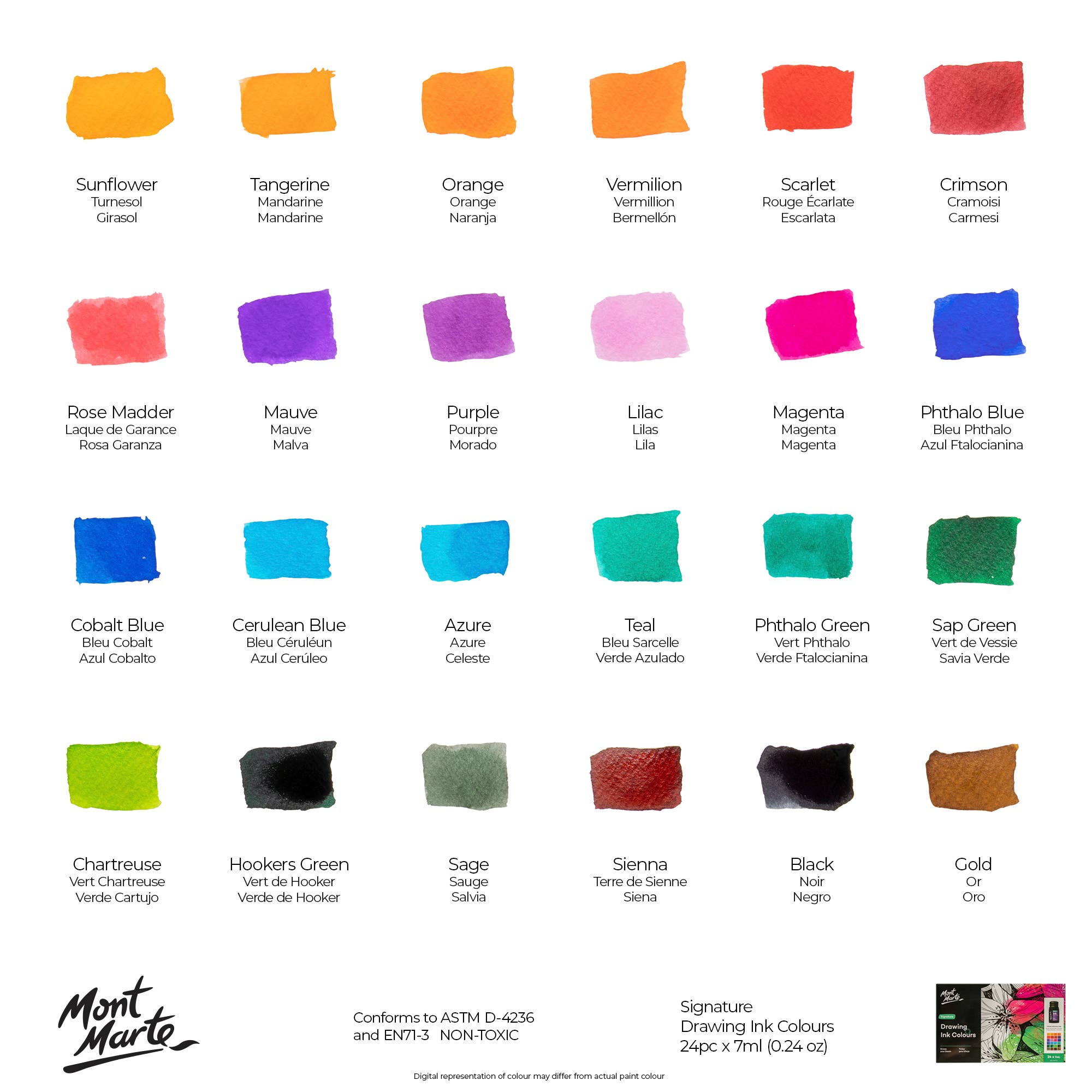 Mont Marte Usa, Inc. - Wholesale Ink Pad - Drawing Ink Colors Signature 24pc x 7ml (0.24 US fl.oz)5
