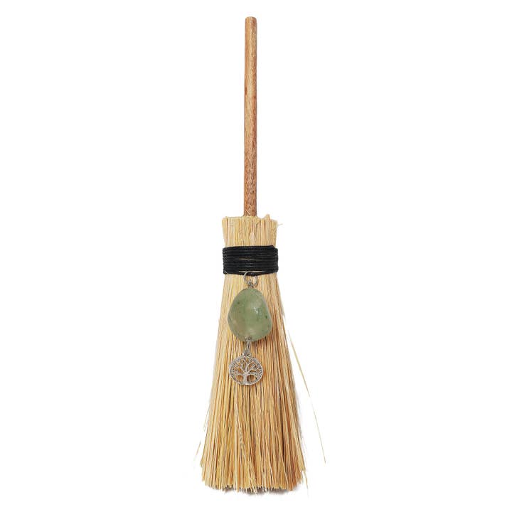 Ritual Altar Broom Green Aventurine w/ Tree of Life 9" for wholesale by Vrinda