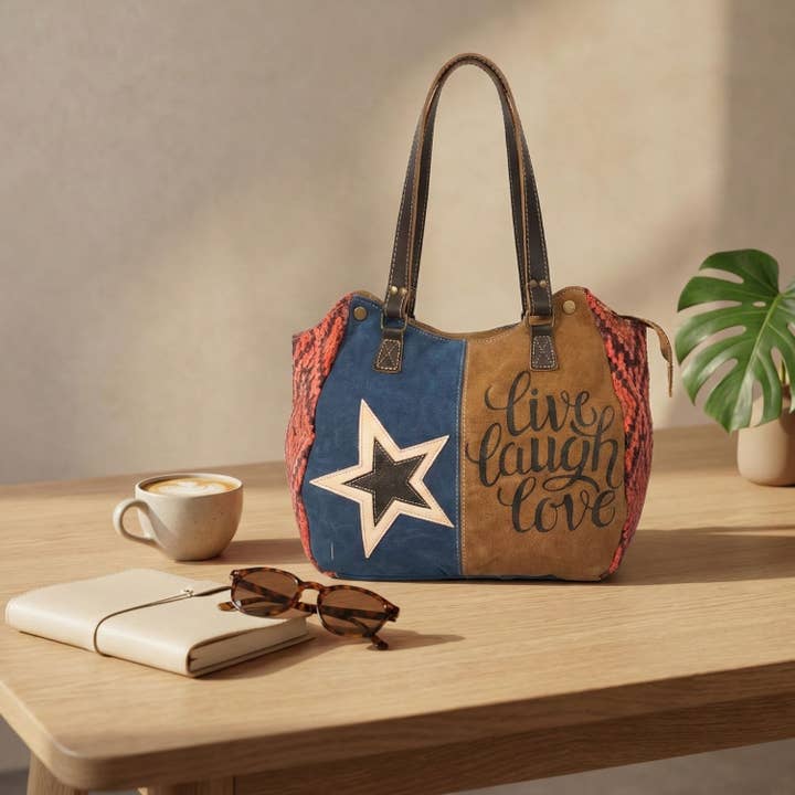 Live Laugh Upcycled Canvas & Leather Messenger Box Bag for wholesale by Hopofly Bags