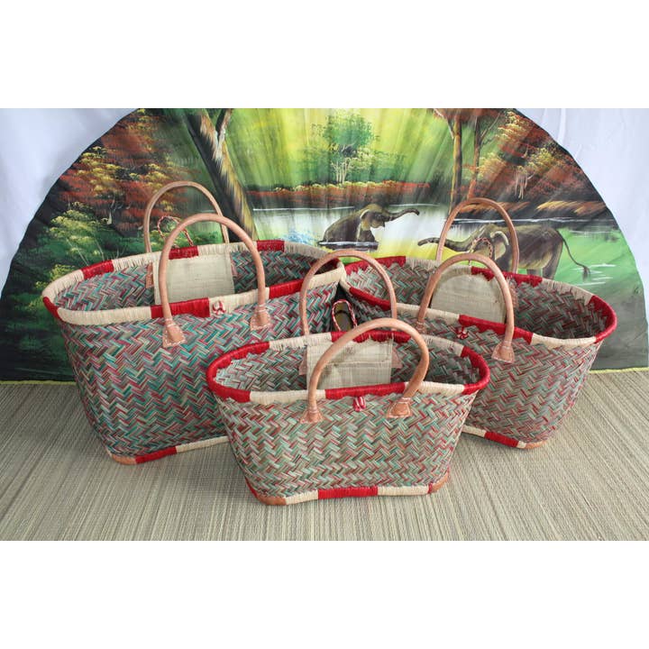 Shopping basket - Red & Green Tote Bag - 3 SIZES - hand-woven - markets, beach... for wholesale by Boutique Huléti