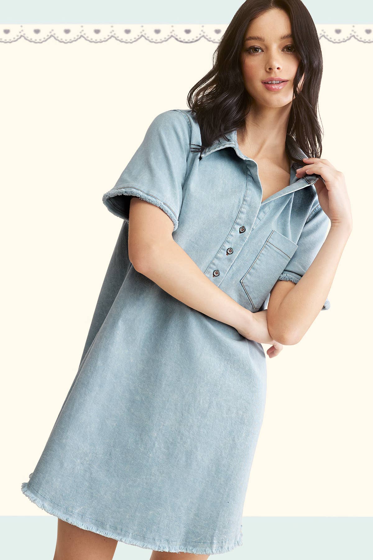 Cielo MCD9319-Abito a tunica in denim chiaro con bordo grezzo lavato minerale in vendita all'ingrosso su Faire7