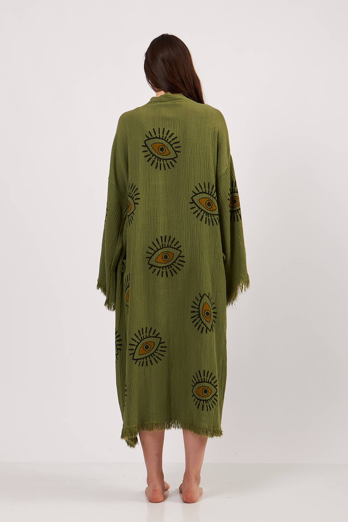 Yaz Concepts - Wholesale Kimono - Women's - Turkish Evil Eye Print Olive Green Robe Festival Kimono 15