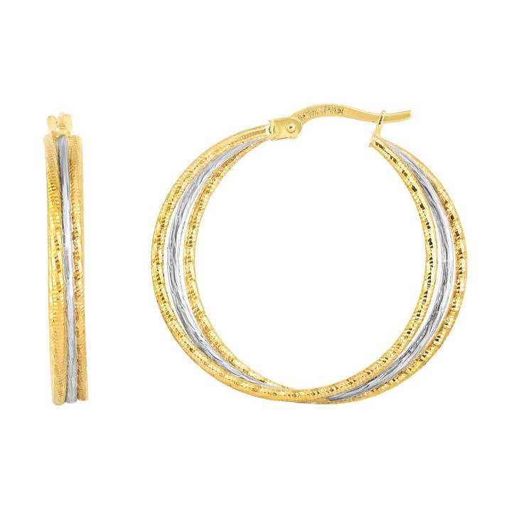 Orecchino a cerchio in oro 14kt con finitura giallo+bianca con chiusura a cerniera per la vendita all'ingrosso da parte di The Diamond Deal