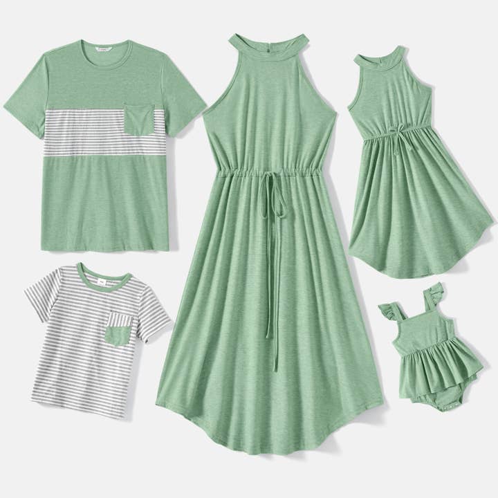 Family Matching Green Halter Neck Dress,Striped Splicing Tee for wholesale by PatPat Matching