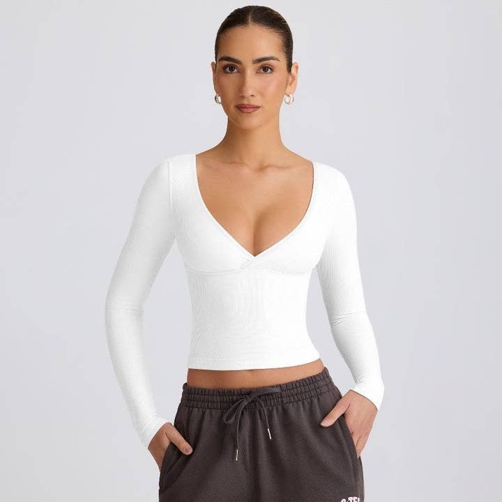 Solid Color Ribbed V-Neck Long Sleeve T-Shirt for wholesale by Plush Looks