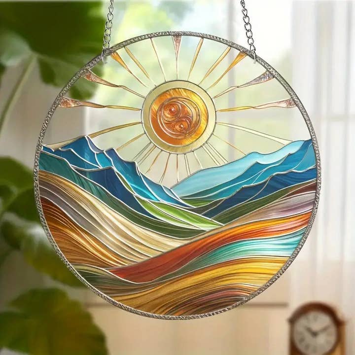 Boho Style Acrylic Stained Glass Sun & Mountain Wall Art, 14.48 cm for wholesale by Huis Van Merken