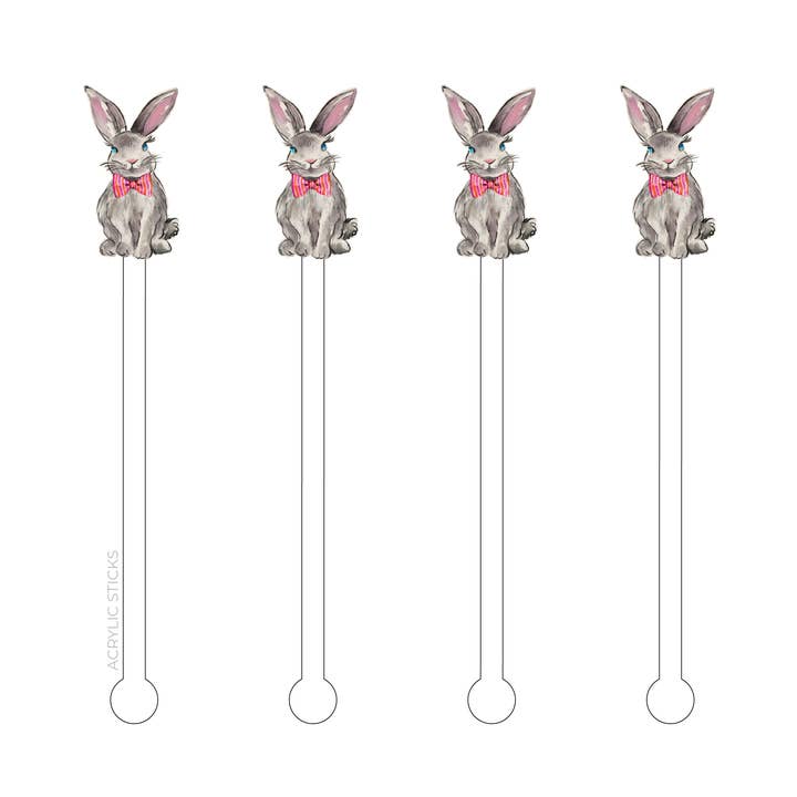 SCHATTIG KONIJNTJE MET ROZE KRIJTSTREEP STRIK ACRYL ROERSTOKJES voor wholesale door XO ACRYLICS | ACRYLIC STICKS