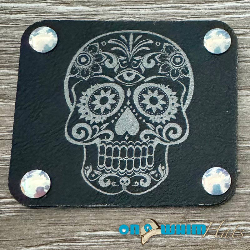 On a Whim Hats - Wholesale Patch - Candy Skull Leather Iron-On Patch with Studs - Black0