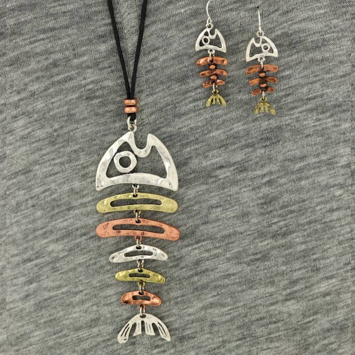 FR5265 Silver_Multi-Colored Fish Bone Pendant Cord Set for wholesale by 0011 PREMIERE