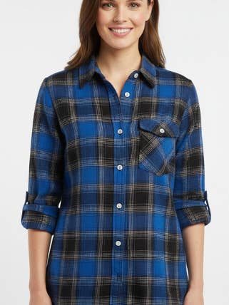 Ladies long sleeve, roll tab, button front, Soft Brushed, flannel shirt. style 61869 in Red and Royal for wholesale by Stylish Shirley & ESJAYMENSWEAR