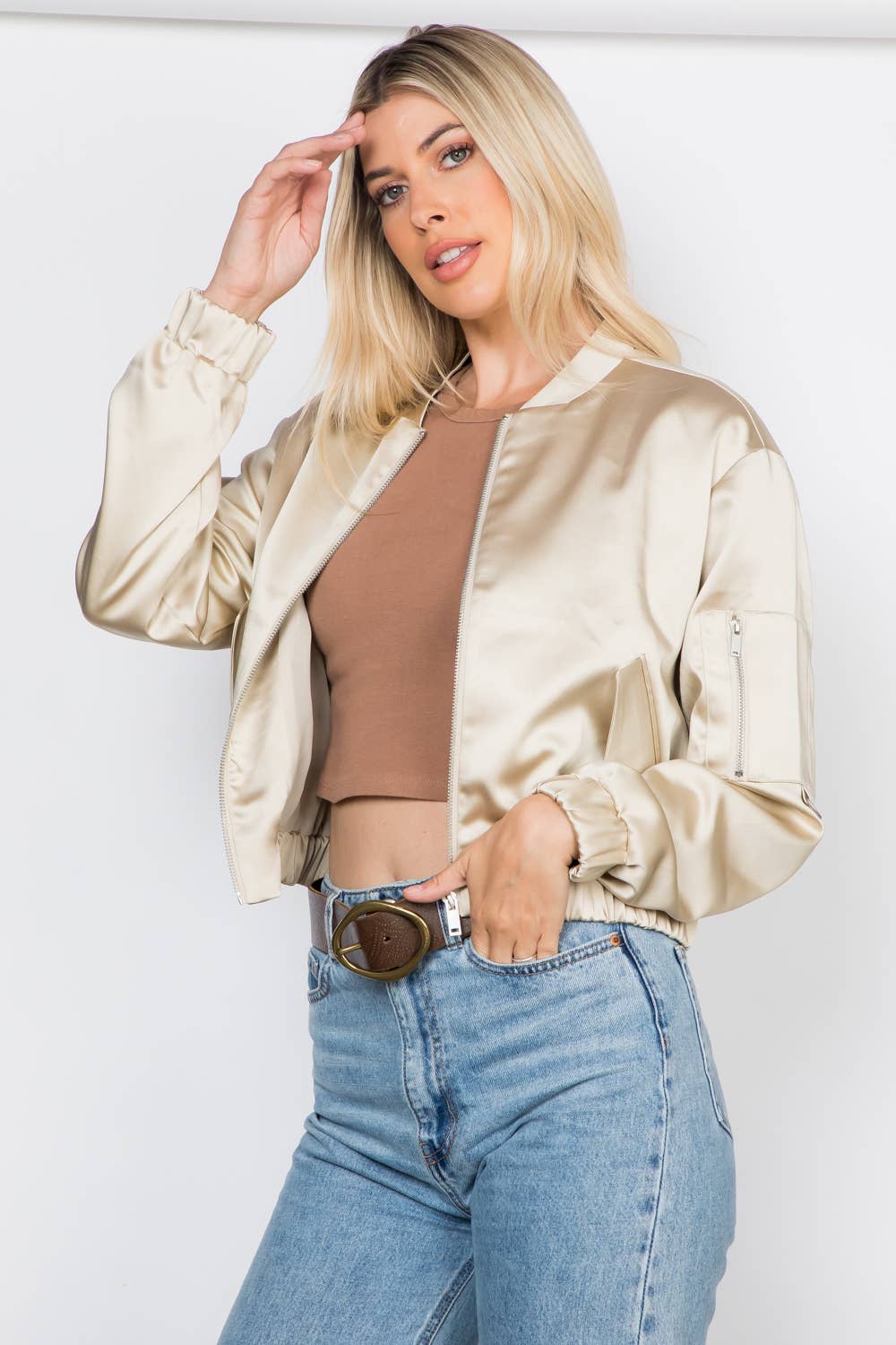 Champagne Elegance Satin Zip Up Bomber Jacket for wholesale on Faire4